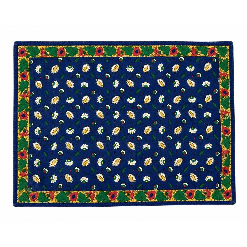 Blue Floral Orange Poppies Cotton Placemats Set 4 Reversible India 14x20 Cottage